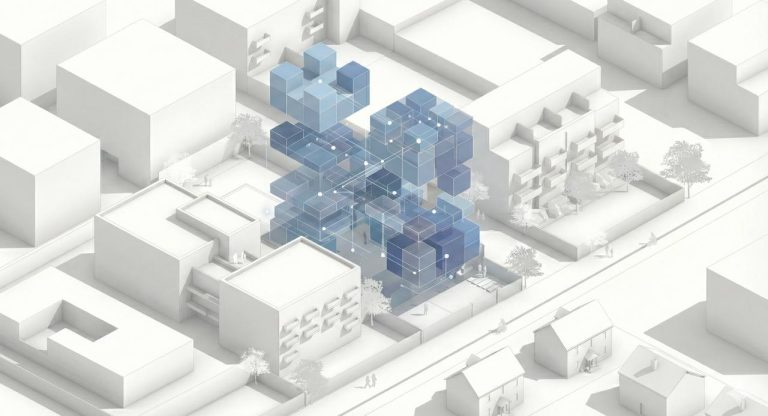 Digital BIM representation of a building featuring blue data blocks and nodes amidst a traditional white architectural model environment.