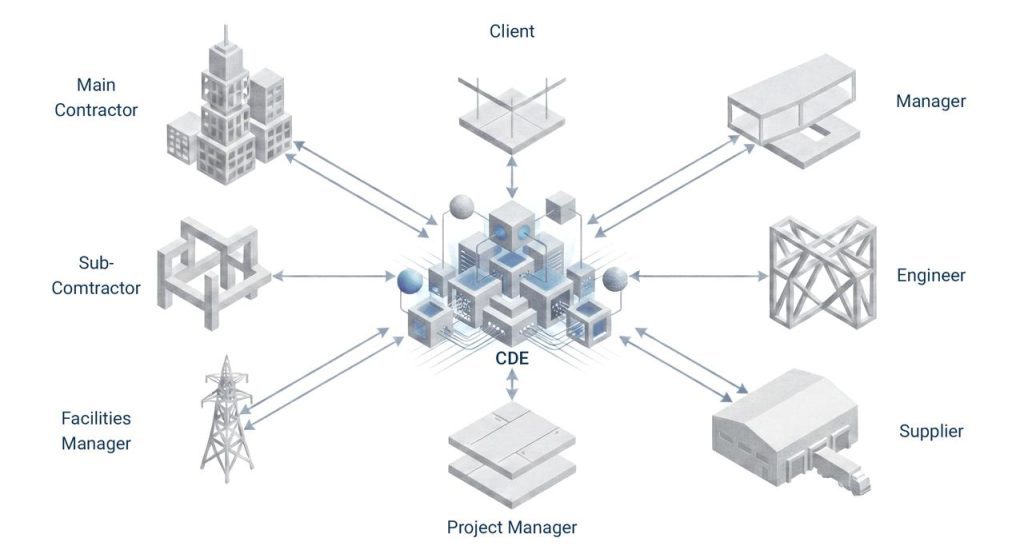 Visual schema of a CDE (Common Data Environment) connecting all project stakeholders in a BIM workflow.