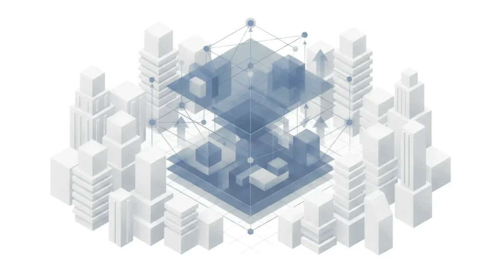 Conceptual graphic representing of a BIM model featuring blue data layers and nodes amidst a white isometric city.